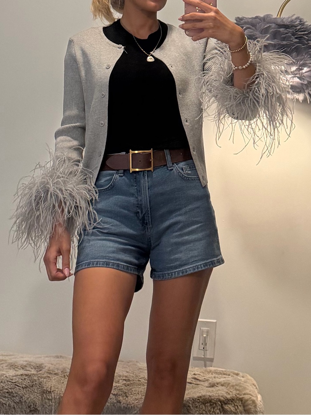 MILKWHITE Feather-Trim Ribbed Cardigan Sweater in Light Gray - Picture 2 of 3